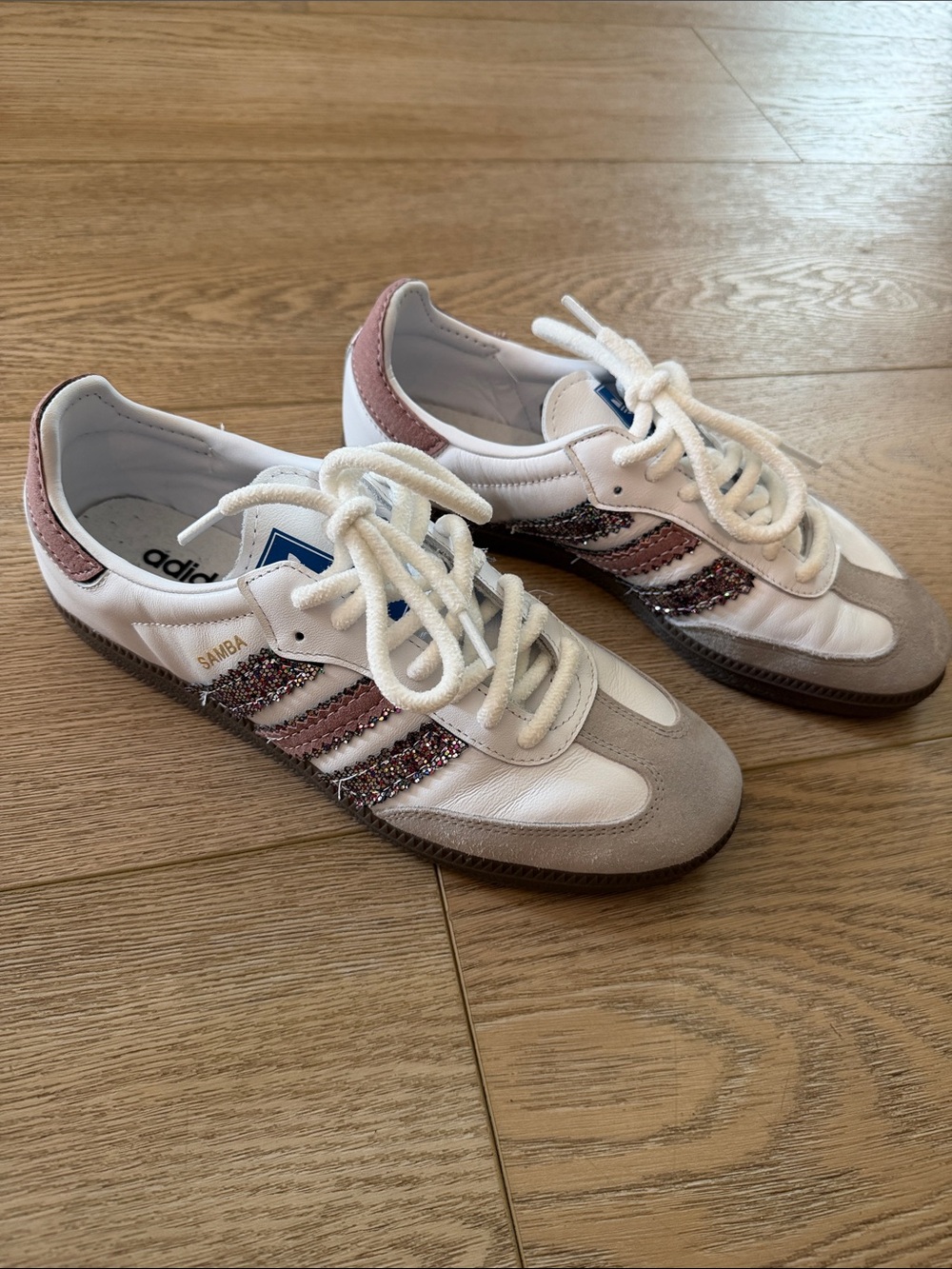 adidas Women's White, Pink & Gray Samba Sneakers with Glitter Stripes